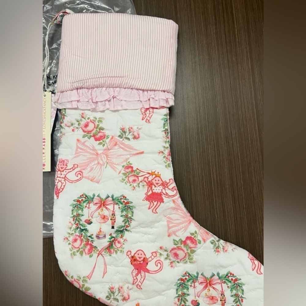 LoveShackFancy x Roller Rabbit beaux Merry Monkey Quilted Ruffle Stocking NEW